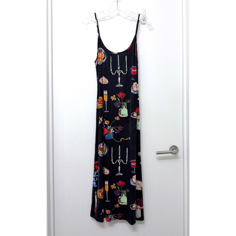 Lisa Says Gah Caviar Set The Table Sofia Slip Dress Food Print Black Candle M - Picture 2 of 14